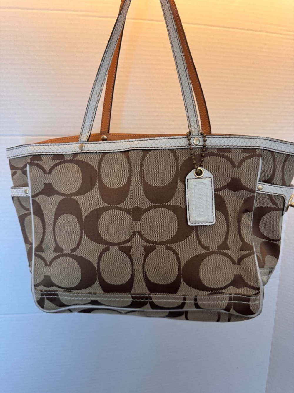COACH Signature C Brown/Tan/White Trim Handbag Purse Tote Authentic Charm